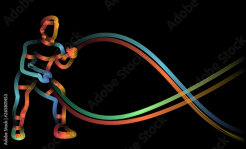 Strong bodybuilder sportsman man with battle rope doing exercise in functional training fitness gym, Flat Line Art Design.
