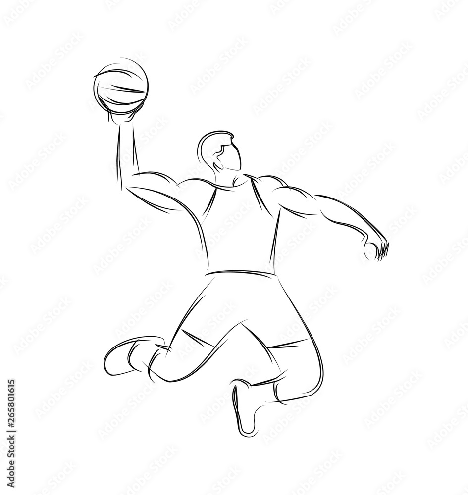 Basketball player jumping dunking in line drawing, vector illustration.