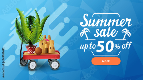 Summer sale, discount web banner for your site in a modern style with button, beautiful lettering, garden cart with sand, sand castle and potted palm