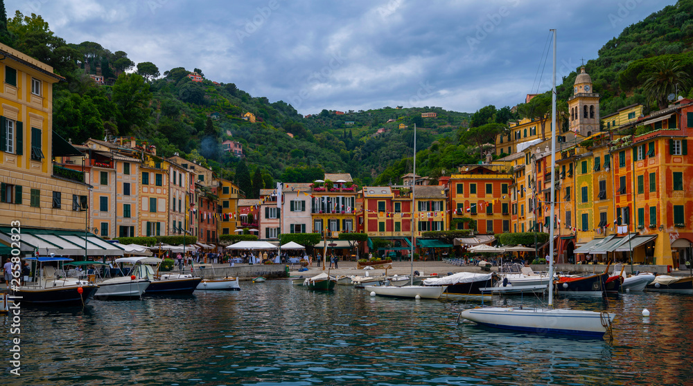 Famous place on the Ligurian coast is Portofino with colorfull houses, luxury boats and yachtes in little harbor surrounded stunning botanical garden decorated with mediterranean flowers. Italy.