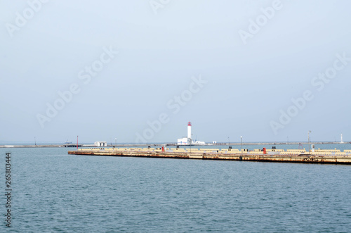 The sea and the lighthouse in the sea are photographed from the shore.