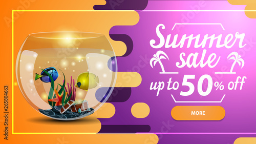 Summer sale, discount web banner for your site in a modern style with button, beautiful lettering and round aquarium with fish