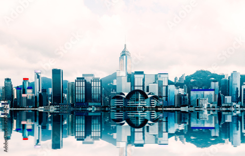 Hong Kong cityscape at Victoria Harbour with beautiful reflection , View from Star ferry , kowloon