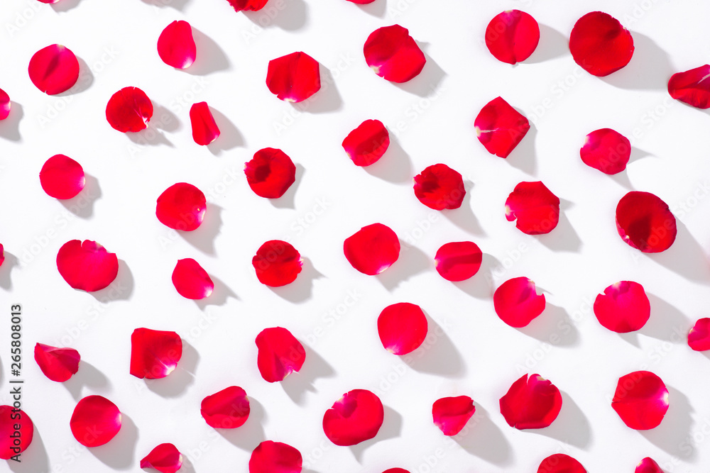 Heart of red rose petals on white background.