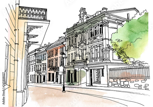 Old city street in hand drawn line sketch style. Urban romantic landscape. Vilnius. Black and white vector illustration on watercolor background