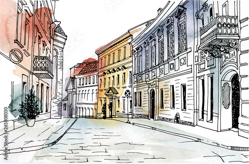 Old city street in hand drawn line sketch style. Urban romantic landscape. Vilnius. Black and white vector illustration on watercolor background