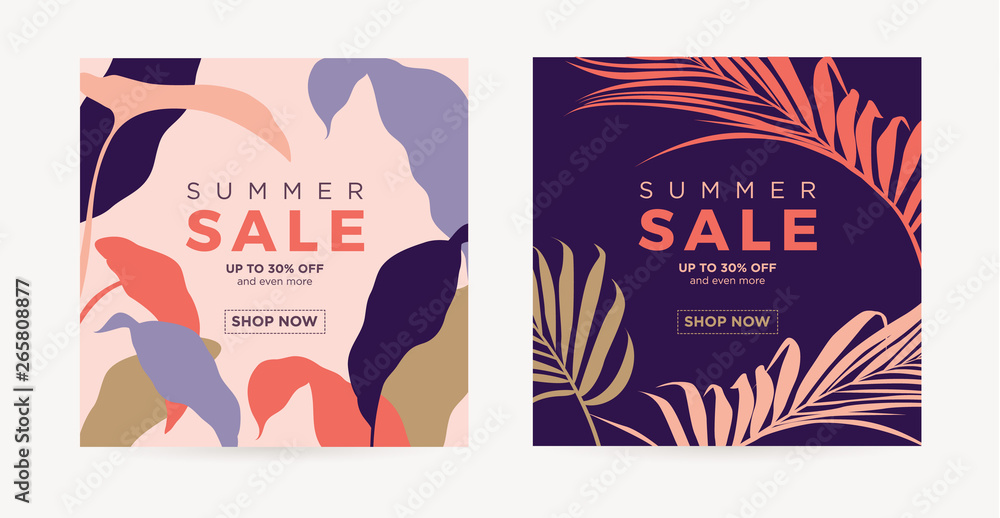 Summer sale banner. Design template card for the hotel, beauty salon, spa, restaurant, club. Vector illustration of palm leaves