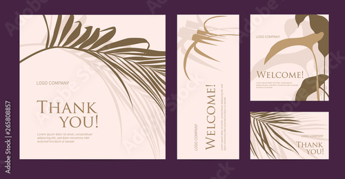 A set of postcard with the words of gratitude. Design template of business cards with with palm leaves silhouette for the hotel, beauty salon, spa, restaurant, club. Vector illustration