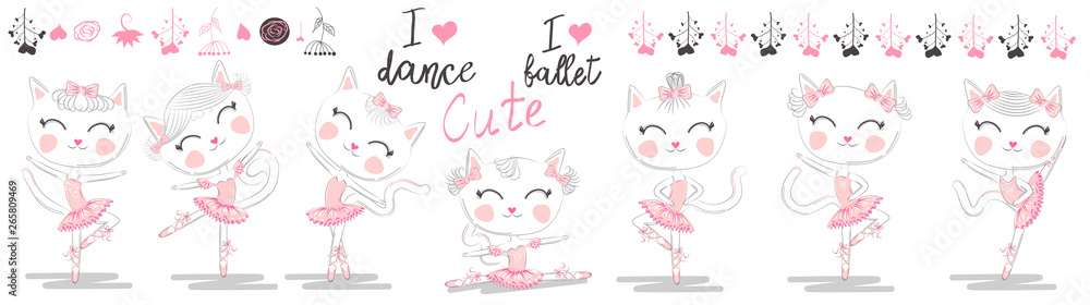Set of seven cute white ballerina cats in pink ballet tutu and pointe Set of seven cute white ballerina cats in pink ballet tutu and pointe