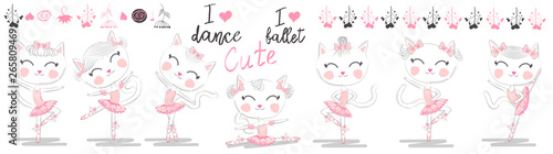Set of seven cute white ballerina cats in pink ballet tutu and pointe