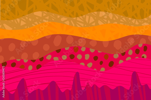 Landscape abstract hand drawn illustration in red purple pink and orange colors. Cartoon style. Space hell