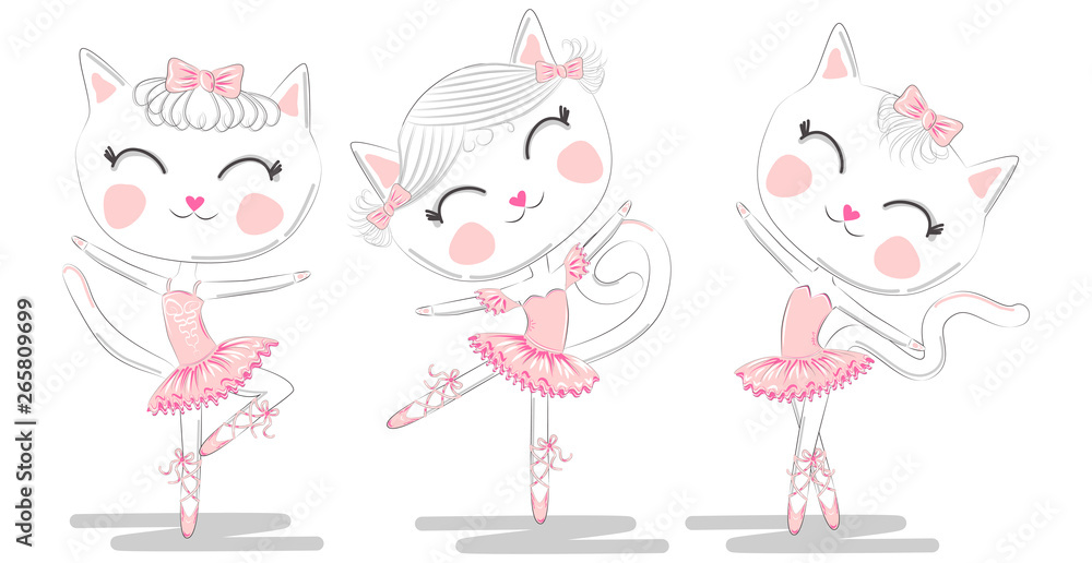 Set of three cute white ballerina cats in pink ballet tutu and pointe Set of three cute white ballerina cats in pink ballet tutu and pointe
