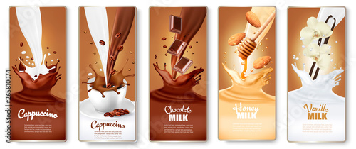 Set of labels with cappuccino, coffee,  milk with honey, chocolate and vanilla splashes. Vector.