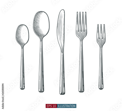 Hand drawn tea spoons,  forks and knife. Engraved style vector illustration. Elements for your design works.