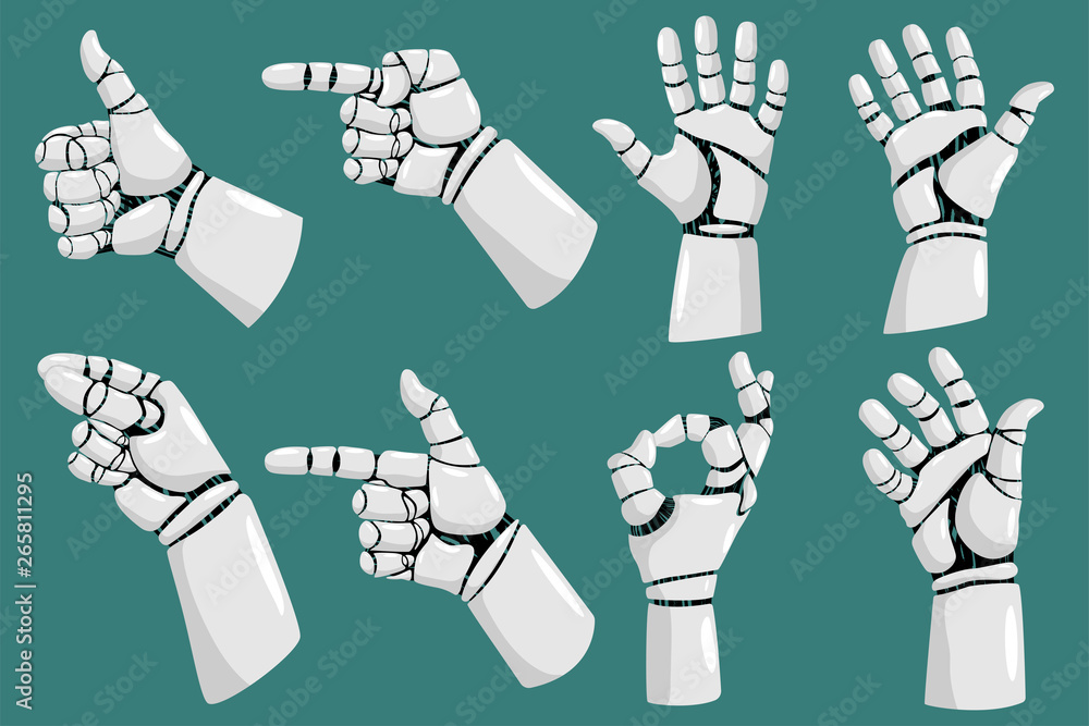 Robot hands with different gestures vector cartoon set isolated on white background.