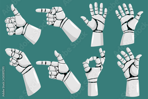 Robot hands with different gestures vector cartoon set isolated on white background.