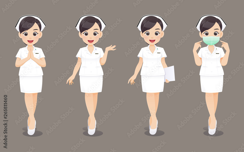 Nurs collection, Cartoon woman doctor or nurse in white uniform on brown background, Vector illustration in character design Nurs collection, Cartoon woman doctor or nurse in white uniform on brown background, Vector illustration in character design