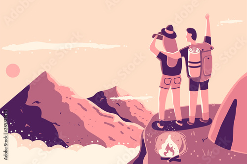 Couple on top of the mountain near the campfire and tent. Hike and adventure vector cartoon concept illustration.