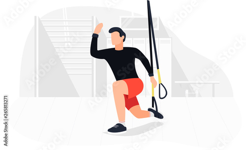 Fit man working out on trx doing bodyweight exercises. Fitness strength training workout.