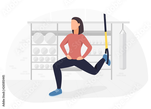 Fit woman working out on trx doing bodyweight exercises. Fitness strength training workout.