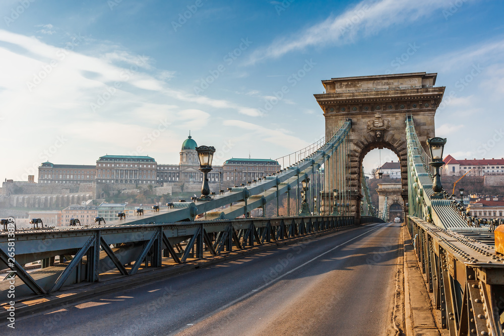 Panorama cityscape of famous tourist destination Budapest with Danube and bridges. Travel landscape in Hungary, Europe.