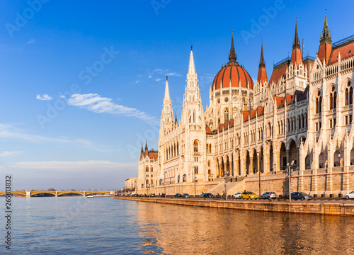 Panorama cityscape of famous tourist destination Budapest with Danube, parliament and bridges. Travel landscape in Hungary, Europe.
