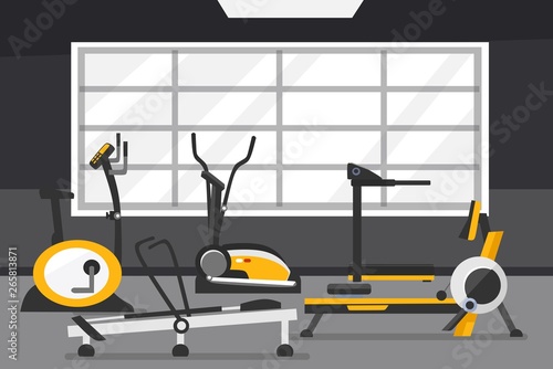 Cardio zone concept. Gym of fitness center interior design in flat style with Elliptical Machine Cross Trainer, Treadmill, Rowing Machine and Bike. Vector Gym Equipment for Cardio set.