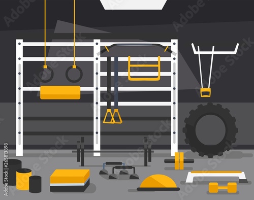 TRX and crossfit zone concept. Gym of fitness center interior design in flat style with barbell, plates, medicine ball, kettlebell. power racks, rigs etc Vector Gym Equipment for crossfit.