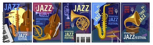 Jazz festival design concept. Colorful jazz party invitation posters set in cartoon style. Vector illustration