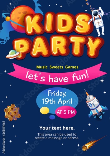 Kids party template design with cosmic elements. Vector party invitation for children