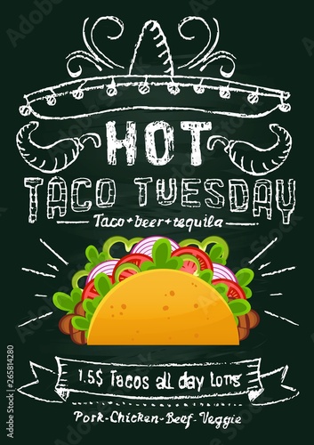 Taco tuesday chalkboard promotional design. Mexican food flyer or banner with cartoon taco and chalkboard effect. Vector illustration