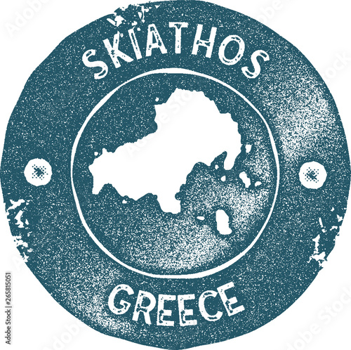 Skiathos map vintage stamp. Retro style handmade label, badge or element for travel souvenirs. Blue rubber stamp with island map silhouette. Vector illustration.