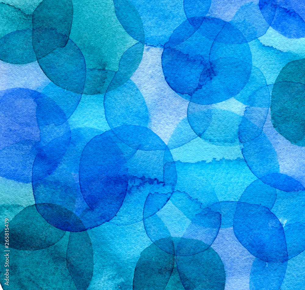 Obraz Sea watercolor abstract background. Blue dots watercolor stains. Circle spots on the cotton paper. Hand drawn illustration