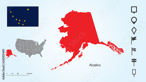 Map of The United States with the Selected State of Alaska And Alaska Flag with Locator Collection