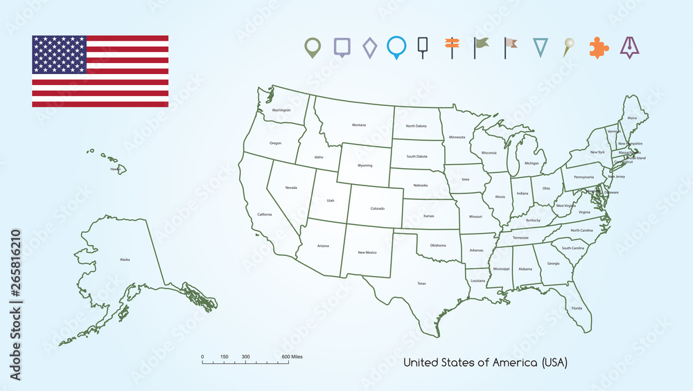 Obraz premium Map of The United States of America Outline For Each Countries With USA Flag And Locator Collection