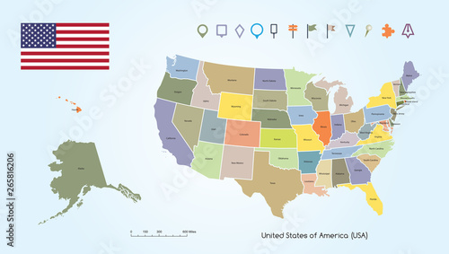 Map of The United States of America Different Colors For Each Countries With USA Flag And Locator Collection