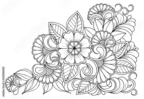 Floral picture in black and white  for adult coloring books. Coloring page of monochrome flowers and leafs. Doodles pattern