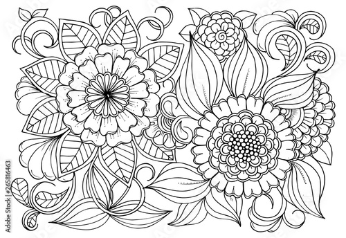 Floral picture in black and white  for adult coloring books. Coloring page of monochrome flowers and leafs. Doodles pattern