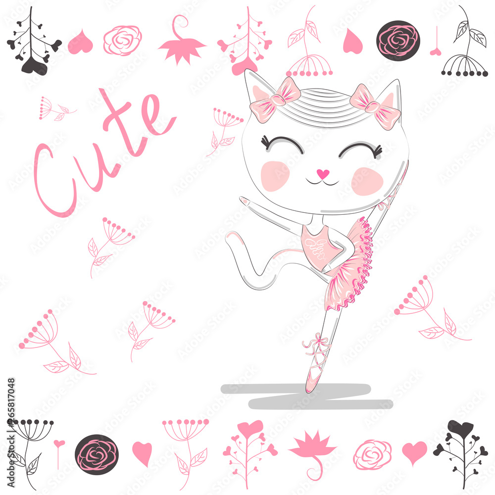 cute white cartoon cat in ballet tutu, kitty girl in a pink skirt cute white cartoon cat in ballet tutu, kitty girl in a pink skirt