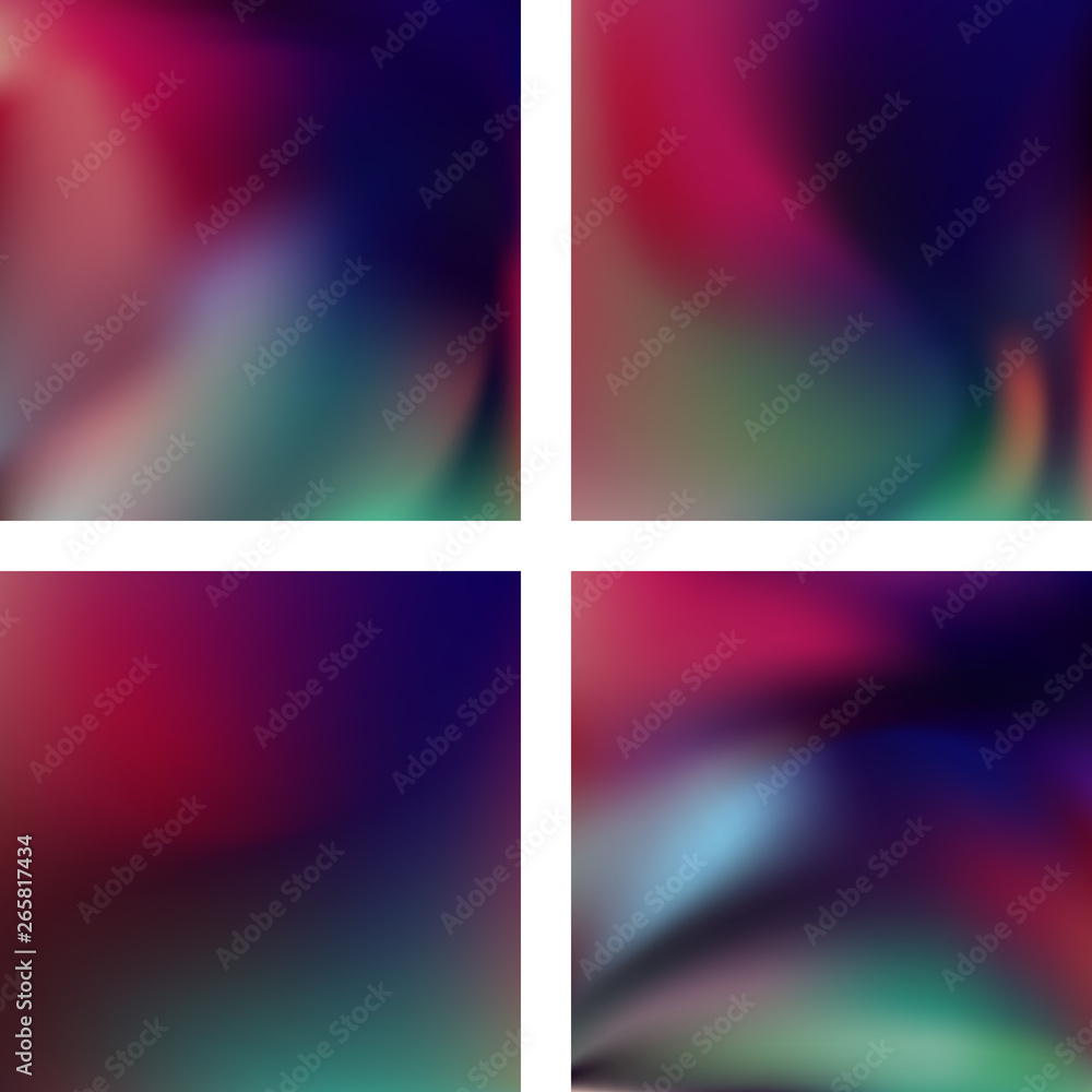 Set with colorful abstract blurred backgrounds. Vector illustration. Modern geometrical backdrop. Abstract template. Red, blue, purple colors.