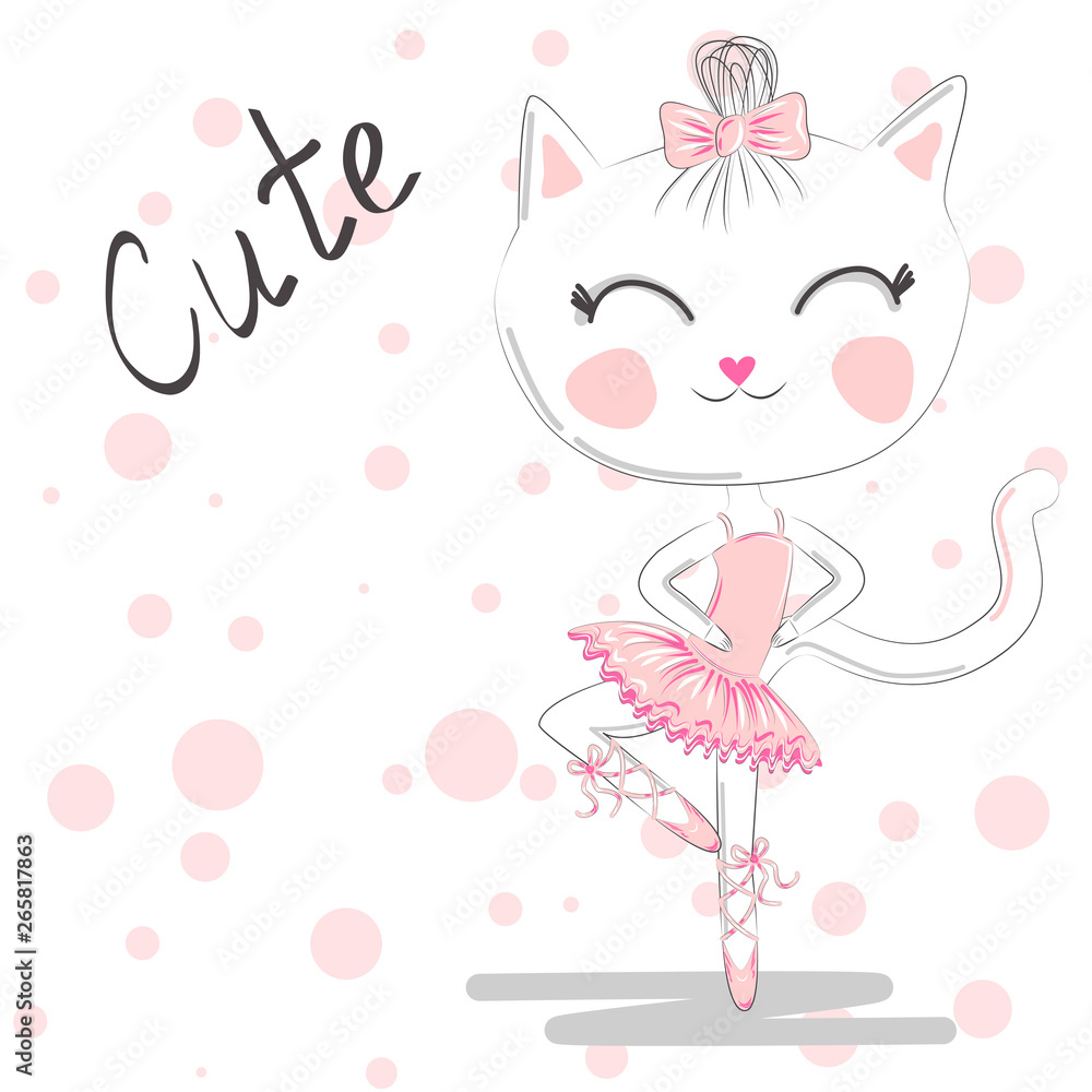 Hand Drawn Cute Cat, ballerina illustration, children print