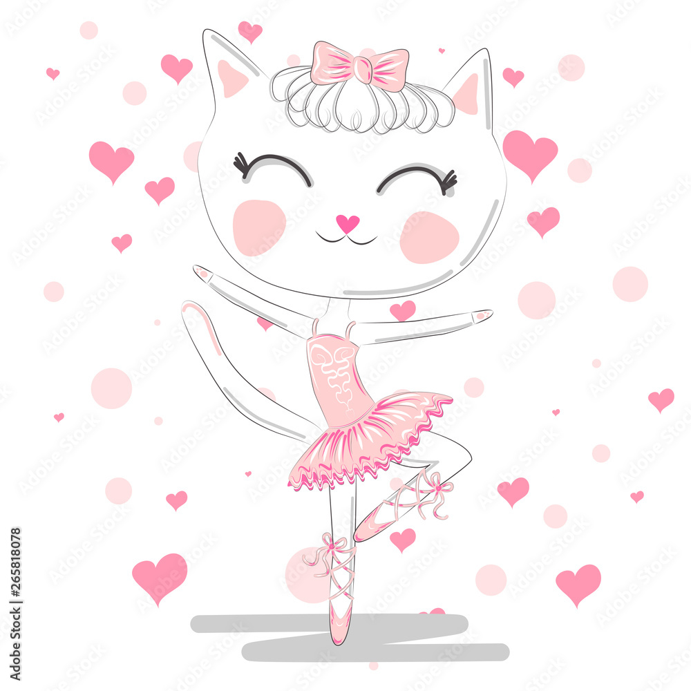 Hand drawn beautiful, lovely, little ballerina with cat. Hand drawn beautiful, lovely, little ballerina with cat.