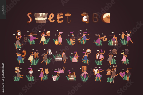 Dessert font ABC- modern flat vector concept digital illustration of temptation font, sweet lettering and girls. Caramel, toffee, biscuit, waffle, cookie, cream and chocolate letters