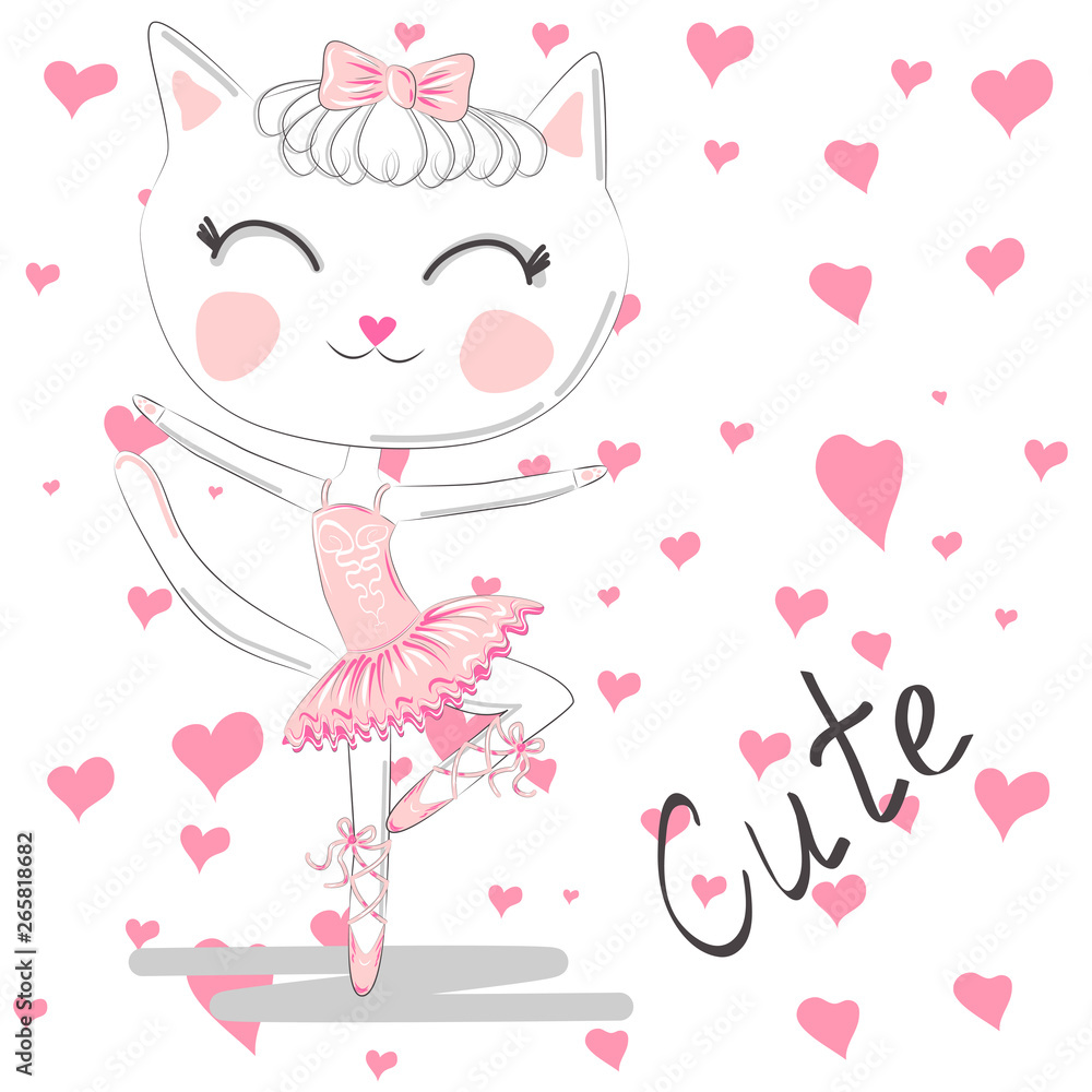 Cute dancing cat in a pink dress on blue background. Ballerina love dancing.