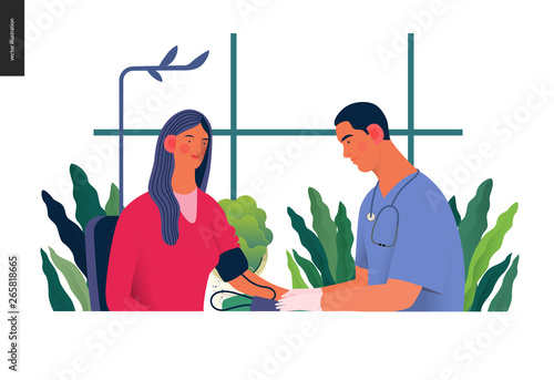 Medical tests illustration - blood pressure test - modern flat vector concept digital illustration of blood pressure measurement procedure - a patient and doctor with a meter, medical office or