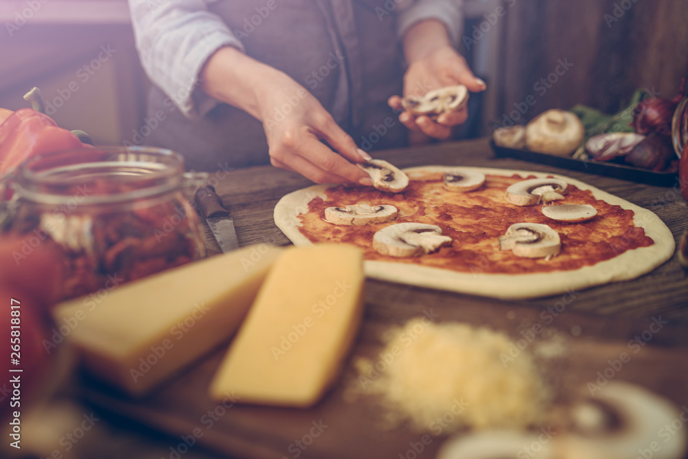 Food ingredients and spices for cooking pizza. Mushrooms, tomatoes, cheese, onion, oil, pepper, salt, basil, olive and delicious italian pizza on dark wooden background. Pizza menu. Homemade cooking. Food ingredients and spices for cooking pizza. Mushrooms, tomatoes, cheese, onion, oil, pepper, salt, basil, olive and delicious italian pizza on dark wooden background. Pizza menu. Homemade cooking.