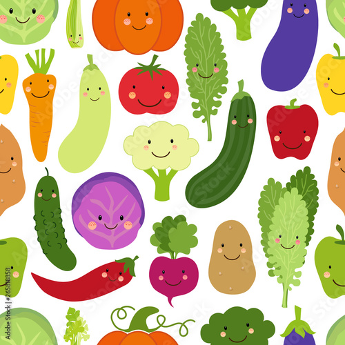Cute Eat Veggies seamless background with smiling cartoon characters of vegetables