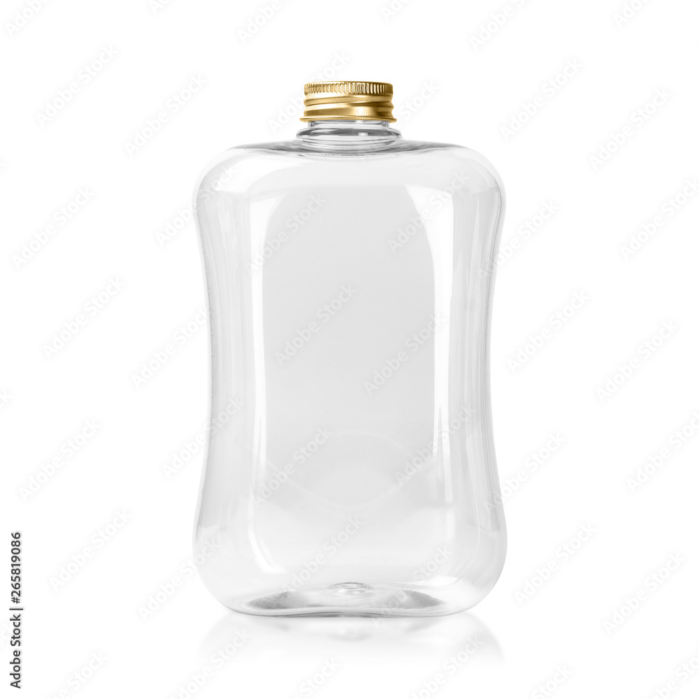 Empty plastic bottle with gold cap isolated on white background. Clear Jar or Mason package. ( Clipping path ) Empty plastic bottle with gold cap isolated on white background. Clear Jar or Mason package. ( Clipping path )