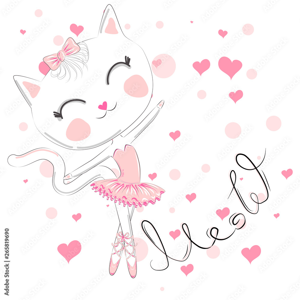 cute white cartoon cat in ballet tutu, kitty girl in a pink skirt cute white cartoon cat in ballet tutu, kitty girl in a pink skirt