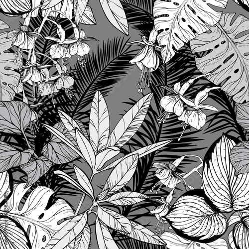 Seamless pattern with foliage, branches and leaves. Black and white